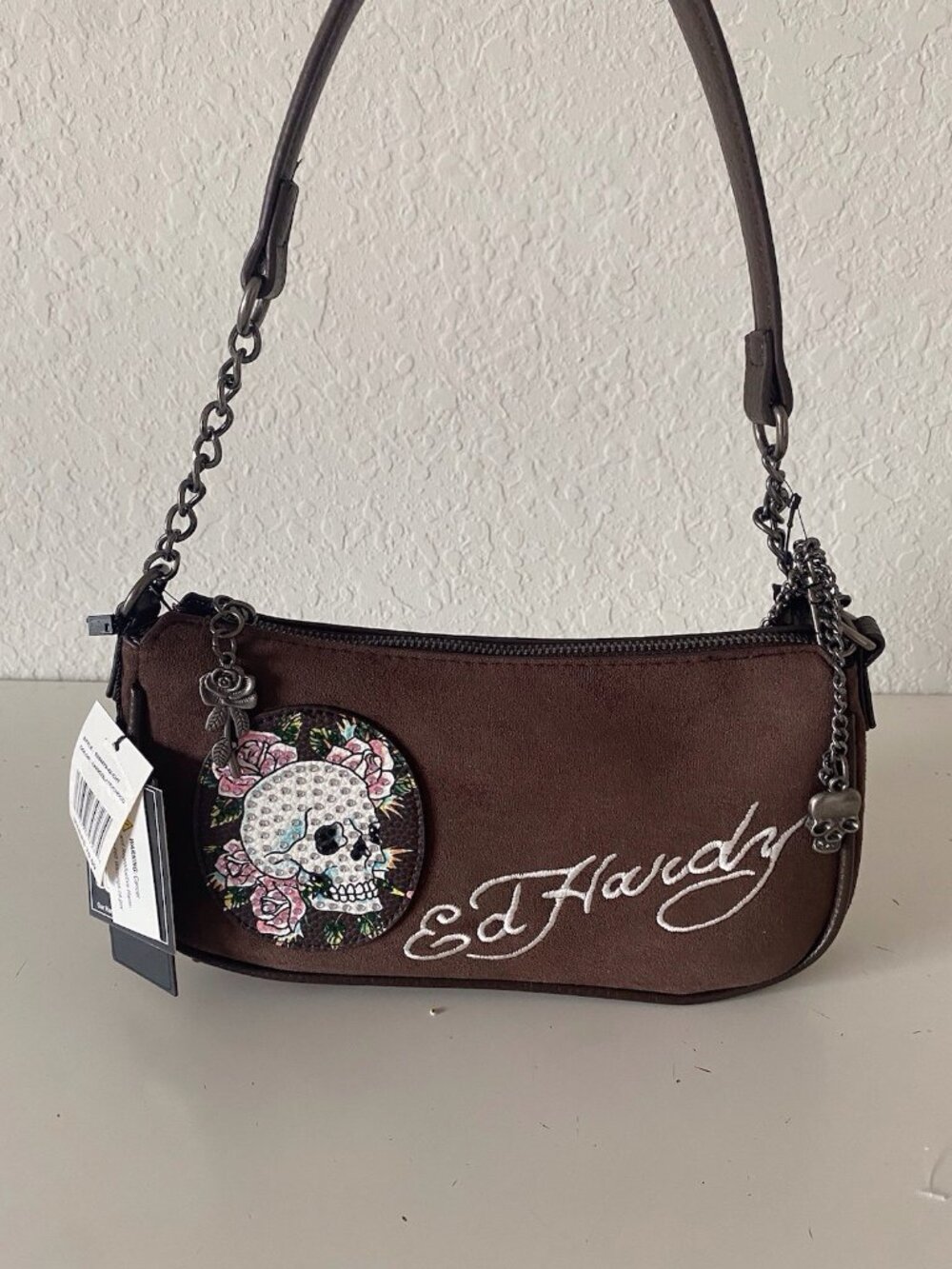 Ed Hardy Charmed Velvet Chocolate Brown Shoulder Crossbody‎ Bag Skulls W/Charms
